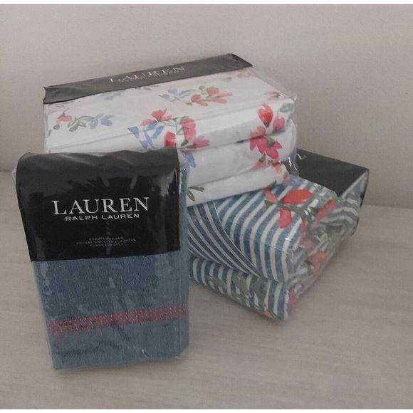 Ralph Lauren MAGGIE FLORAL Blue King Duvet Cover Sheet Set Euro Sham Bedding Set - Picture 3 of 16